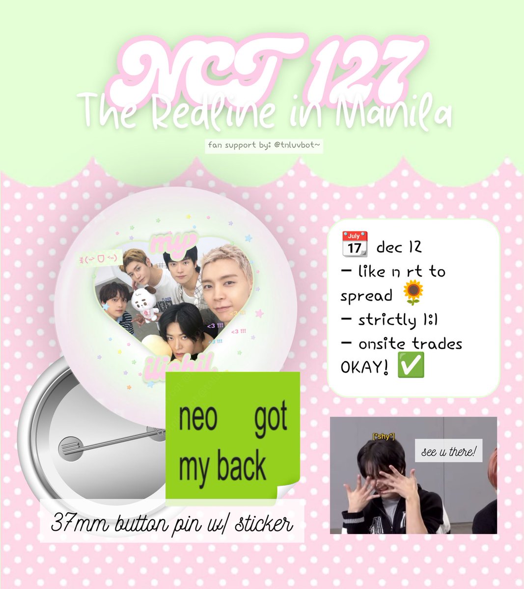 tnluvbot's tweet photo. the redline in mnl fan support by @tnluvbot~

☆ button pins &amp; postcard w/ sticker set ‼️

📆 dec 12
– like n rt to spread 🌻
– strictly 1:1 (1 button pin or 1 postcard w/ sticker set)
– onsite trades ✅️

#NCT127inManila2026
#TheRedlineInManila
#NCT127_5TH_NEOCITY_THE_REDLINE https://t.co/nHtHTgXOiZ