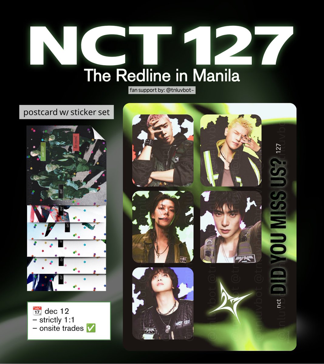 tnluvbot's tweet photo. the redline in mnl fan support by @tnluvbot~

☆ button pins &amp; postcard w/ sticker set ‼️

📆 dec 12
– like n rt to spread 🌻
– strictly 1:1 (1 button pin or 1 postcard w/ sticker set)
– onsite trades ✅️

#NCT127inManila2026
#TheRedlineInManila
#NCT127_5TH_NEOCITY_THE_REDLINE https://t.co/nHtHTgXOiZ