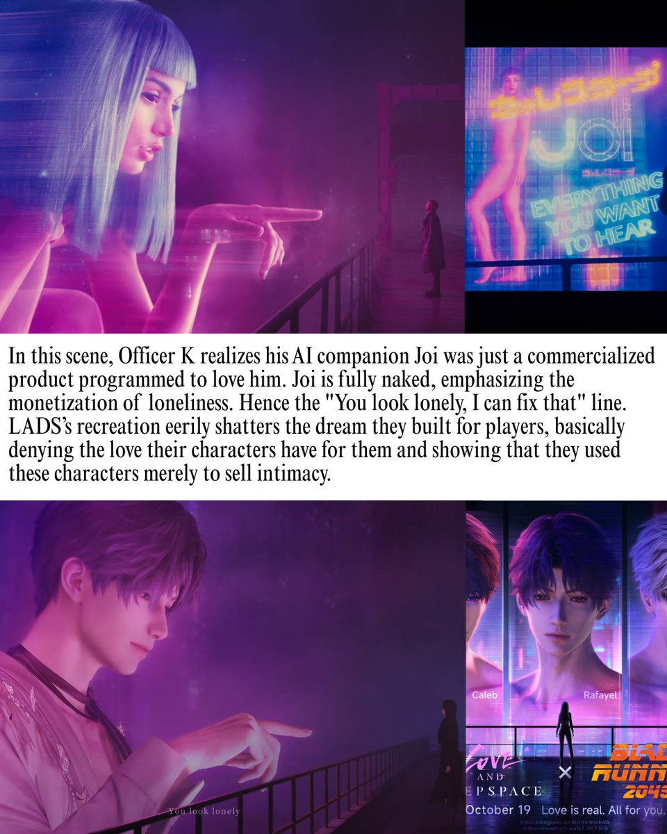 seraphim_fest's tweet photo. This collab screams that PPG slapped the aesthetics &amp; iconic scenes onto MC &amp; the LIs without understanding the deeper meaning + the irony of affection as a commodity, especially when they just removed a beloved character. Total insult to both sides.
#BR2049RewardsCyberMurderer https://t.co/Tnzfpc2dHS