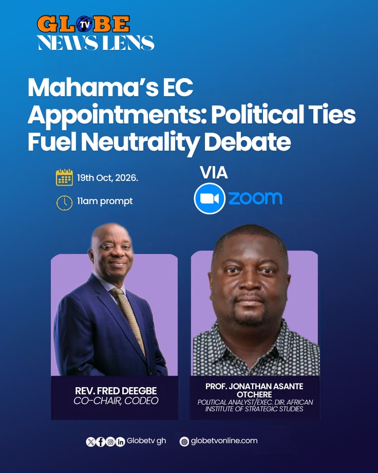 CodeoElections's tweet photo. CODEO Advisory Board Co-Chair, Rev. Fred Deegbe, is on @GlobeTvgh today at 11:00 a.m. to discuss the debate surrounding political affiliations and appointments to the @ECGhanaOfficial and the implications for the EC’s neutrality and independence.

Tune in now for the discussion. https://t.co/Kd8QVfONXC