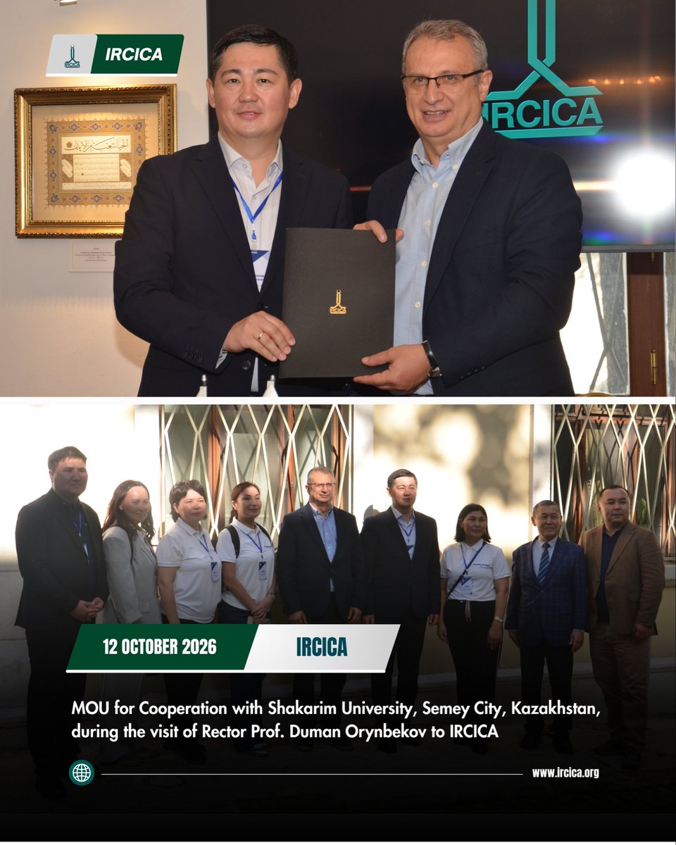 IRCICA's tweet photo. ✨MOU for Cooperation with Shakarim University, Semey City, Kazakhstan, during the visit of Rector Prof. Duman Orynbekov to IRCICA

Prof. Duman Orynbekov, Rector and Chairman of the Management Board of Shakarim University, Semey City, Kazakhstan paid a working visit to IRCICA on 12 October 2026 leading a 24-member group of assistants and students from the University. Rector Prof. Orunbekov and his entourage were received by Prof. Cengiz Tomar, Head of Research and Publications, on behalf of Director General of IRCICA Prof. Mahmud Erol Kılıç, together with Prof. Ashirbek Muminov, Consultant to the Director General for Central Asian Studies. They were briefed on the objectives and activities of the Centre, with special focus on its joint projects with the cultural institutions of Kazakhstan. An MOU for Cooperation was signed, as a framework for future joint activities in the fields of studies on history and cultural heritage.

✨Kazakistan, Semey şehrindeki Shakarim Üniversitesi ile İş Birliği Mutabakat Zaptı: Rektör Prof. Duman Orynbekov’un IRCICA’yı Ziyareti

Kazakistan’ın Semey şehrinde bulunan Shakarim Üniversitesi’nin Rektörü ve Yönetim Kurulu Başkanı Prof. Duman Orynbekov, üniversiteden 24 kişilik bir asistan ve öğrenci grubuyla birlikte 12 Ekim 2026 tarihinde IRCICA’ya bir çalışma ziyareti gerçekleştirdi. Rektör Prof. Duman Orynbekov ve beraberindeki heyet, IRCICA Genel Direktörü Prof. Mahmud Erol Kılıç’ın adına Araştırma ve Yayınlar Bölümü Başkanı Prof. Cengiz Tomar ve beraberinde Orta Asya Çalışmaları Danışmanı Prof. Ashirbek Muminov tarafından karşılandı. Merkezin amaçları ve faaliyetleri, özellikle Kazakistan’daki kültürel kurumlarla yürüttüğü iş birliği üzerine bilgi verildi. Shakarim Üniversitesi ile IRCICA arasında, tarih ve kültürel miras alanlarındaki araştırmalarda yapılabilecek ortak çalışmalara çerçeve oluşturmak üzere bir İşbirliği Mutabakat Zaptı imzalandı.