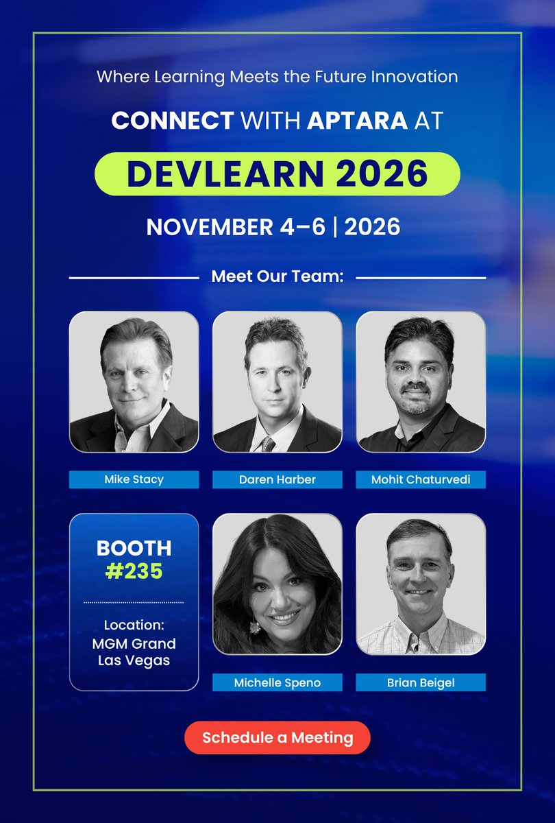 Aptara's tweet photo. 💡 Attending DevLearn 2026? Let’s connect!

Meet Aptara’s team, Mike Stacy, Daren Harber, Mohit Chaturvedi, Michelle Speno, and Brian Beigel, to discuss the future of workplace learning.
📌 Booth #235

Schedule a meeting with us!

#Aptara #DevLearn2026 #eLearningInnovation https://t.co/dEkCa0hk1l