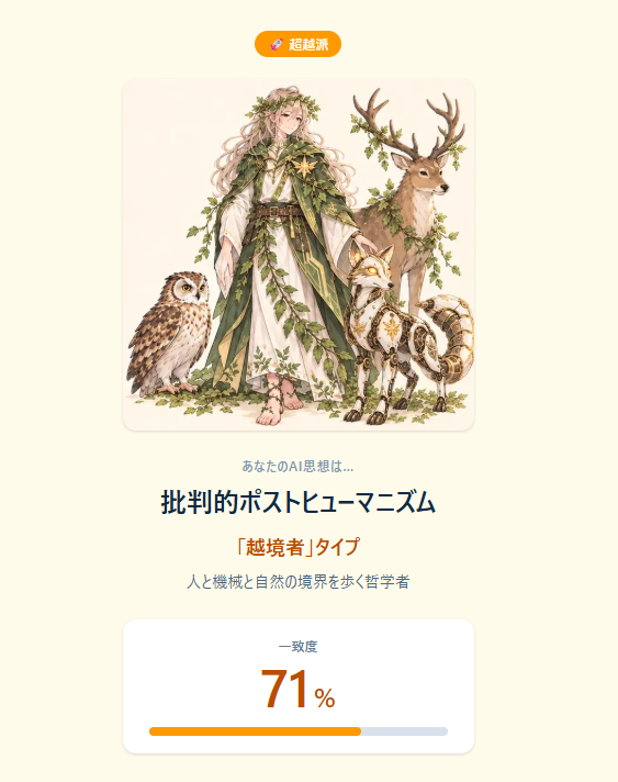 StellaDearM's tweet photo. 面白かった。
でも前提が決まってない質問にはどちらでもないを選びがちではある。

私のAI思想は、超越派の「越境者」タイプ（批判的ポストヒューマニズム）でした！
人と機械と自然の境界を歩く哲学者
#AI思想診断 https://t.co/h13mhhDlYv https://t.co/pVco4jM1kW