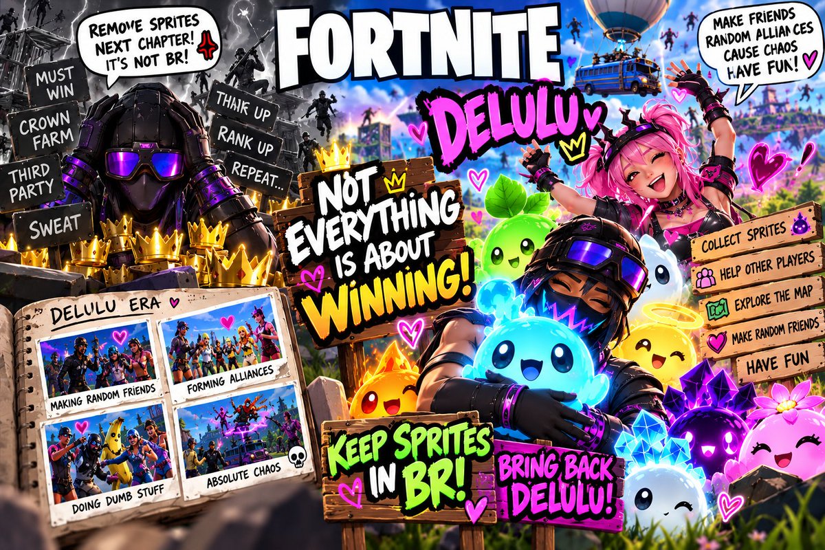 Spideyjofficial's tweet photo. 🚨 FORTNITE COMMUNITY, WE NEED TO TALK! 😭💀🔥

Some of y'all want Sprites REMOVED next chapter because apparently having FUN is a crime now??? 💀

DID WE ALL FORGET ABOUT DELULU?! 😭

Remember when Fortnite was about making random friends, forming alliances and causing absolute CHAOS?!

Now it's all about sweating for Victory Royale crowns that give you WHAT exactly??? A number to flex?! 😭🏆

Sprites actually give us something to collect, grind for and help other players with!

NOT EVERYTHING IS ABOUT WINNING! 🗣️🔥

KEEP SPRITES IN BR!
BRING BACK DELULU!
LET FORTNITE BE FUN!

Am I cooking or is the sweat community about to send me back to the lobby? 👀🍿💀

#Fortnite #FortniteCommunity