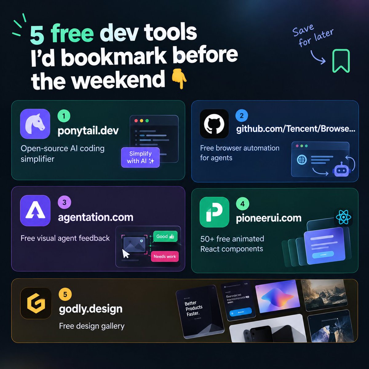 Alaina_Ai03's tweet photo. https://t.co/fcwDaFVKeu - Open-source AI coding simplifier

https://t.co/ei9Fbyd4A5 Free browser automation for agents

https://t.co/zYqkt0A7vT -Free visual agent feedback

https://t.co/AlWieEhRiQ - 50+ free animated React components

https://t.co/YV4QGwk0WB - Free design gallery https://t.co/UPvjoopQkI