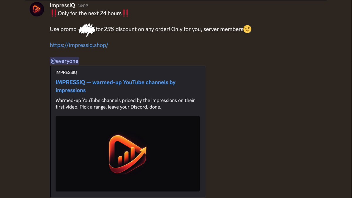 ImpressIQ's tweet photo. Dropped 25% discount code in my discord server. Go check it to buy high impressions channels cheap🙃 https://t.co/WzDujFtTDr
