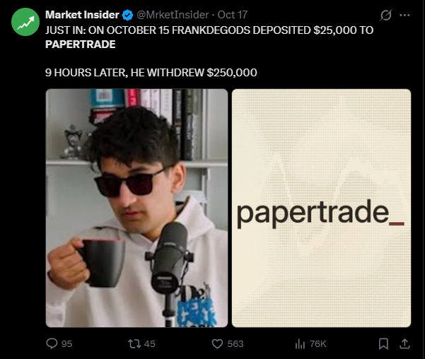 karlowalpha's tweet photo. Imagine paying your customers for them to lose money

If you think that`s unreal, meet Papertrade, new perpetual exchange that`s all around on X right now, built on Hyperliquid, 1000x leverage, all you need to caught people`s attention.

Every loss and every liquidation on Papertrade mints $PAPER, their new token thats gained 200% on a day of launch on Hyperliquid, and every 1$ you are losing, you actually gaining 100 $PAPER tokens, which is fair trade if you think about it.

No locked token supply, everything comes from people actually using a platform, this has never been done before, new way of airdrops is here.

And to sum up on a exchange, all order book comes from Hyperliquid itself, no slippage, 1000x leverage, all of that makes Papertrade a place where one guy can make 10x of their deposit in just 9 hours.