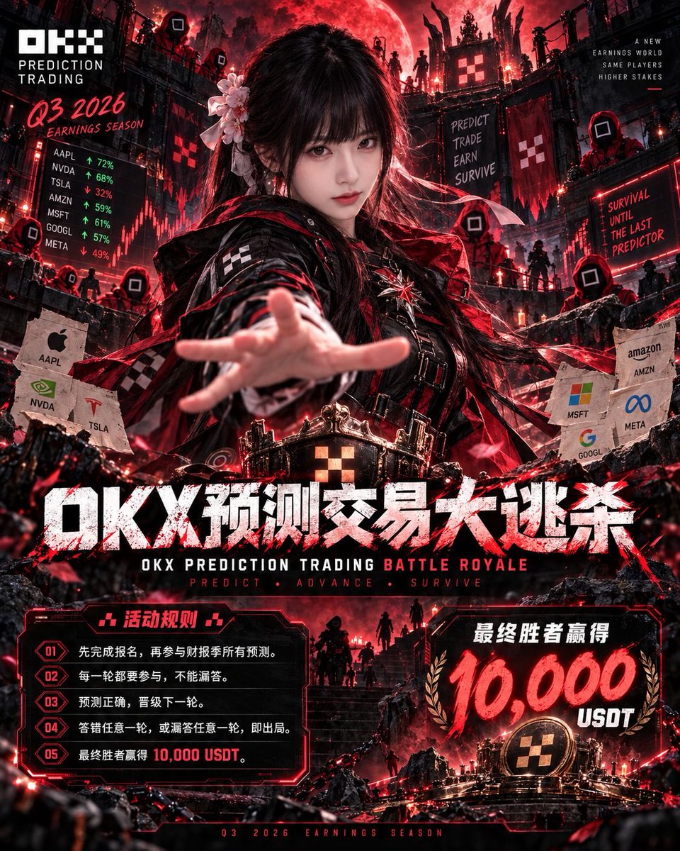 misaENFP's tweet photo. OKX预言家版大逃杀还有没上车的吗？
我们的财报季预测又更新了！！！
看10,000 USDT 连胜大奖花落谁家！

🚀 SpaceX：我偏向 Yes。
星链用户还在增加，AI业务也有望带来更多收入。不过市场已经期待它交出好成绩，想超预期，还得看利润能不能跟上～ 

📱 Meta：我也偏向 Yes，更看好营收。
上季度广告展示量和单价都在涨，相当于广告卖得更多、更贵。但AI投入和其他费用也高，收入好看，利润未必同样惊喜。

大逃杀玩法：在几十家公司接连公布财报的挑战里，一路晋级，留到最后。

Misa把规则给大家整理好了

连胜挑战  答对晋级，答错或漏答出局

▪️先完成报名，再参与财报季所有预测。
▪️每一轮都要参与，不能漏答。
▪️预测正确，晋级下一轮。
▪️答错任意一轮，或漏答任意一轮，即出局。
▪️最终胜者赢得 10,000 USDT。

划重点：拼的是连续答对，XP任意。
答得准，也要记得按时交卷，上一轮再稳，下一轮漏答也会出局哦

报名链接：
https://t.co/65B4DePGiq