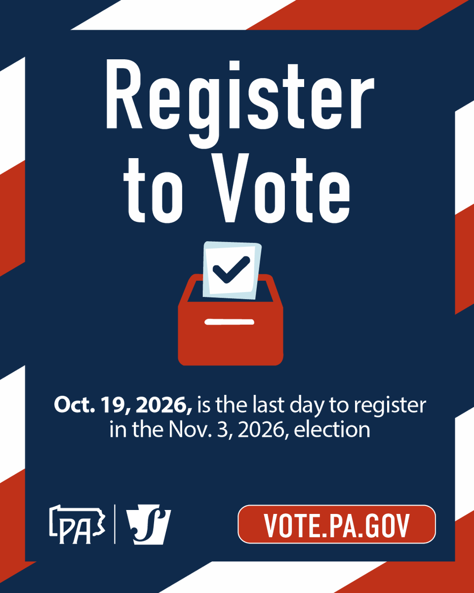 PAStateDept's tweet photo. 🚨 Today, Oct. 19, is Pennsylvania's deadline to register to vote in the Nov. 3 general election. 

✅ If you are eligible to vote, you can register or update your registration online until 11:59 p.m. tonight at https://t.co/ExPDX3uCiW.