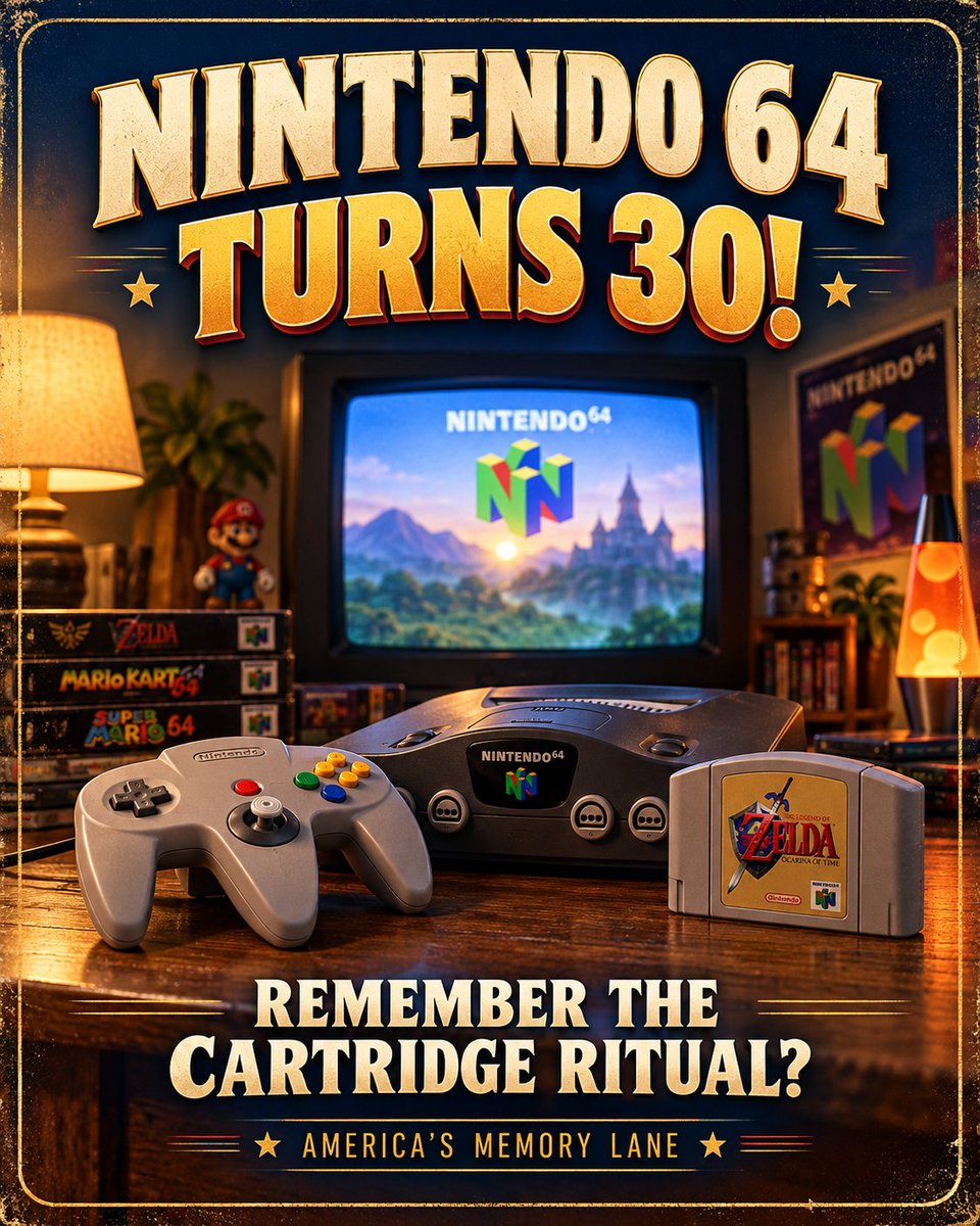 AmericasMemLane's tweet photo. Nintendo 64 turns 30—and some of us can still hear Mom yelling, “Turn that thing off and come eat!”

When a game wouldn’t start, we had a ritual: pull out the cartridge, blow into it, slide it back in, and hope for the best. We were convinced we were trained electronics technicians.

Then came Mario Kart rivalries, GoldenEye sleepovers, and accusations of “You’re looking at my screen!”

Relive those days with America’s Memory Lane:
https://t.co/Gg0uBiqTHK

#AmericasMemoryLane #Nintendo64 #N64 #90sNostalgia #RetroGaming

Which N64 game kept you saying, “Just one more round”?