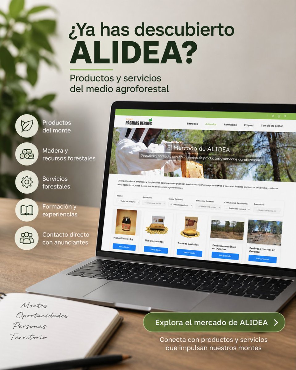 Selvicultores's tweet photo. ¿Ya has descubierto ALIDEA? 🌿

Un espacio para encontrar productos y servicios del medio agroforestal, desde alimentos y madera hasta servicios forestales, formación y experiencias.

👉 https://t.co/rvOQ43MYZp

#ProyectosPRTR #PlanDeRecuperación #NextGenerationEU https://t.co/1HY71o0iPC