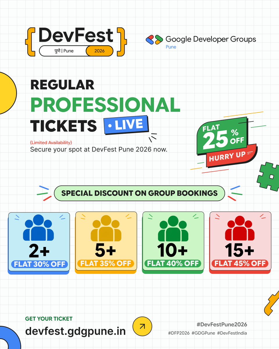 GDGPune's tweet photo. 👀 Better together, Pune! 

🎟️ Group Discount Tickets for DevFest Pune 2026 are LIVE!

Gather your tech squad &amp; learn together!

📅 Dec 13
📍 JW Marriott Pune

Tag your team! 👇

#DevFest2026 #GDGPune #DevFestPune https://t.co/H4161kmFYu