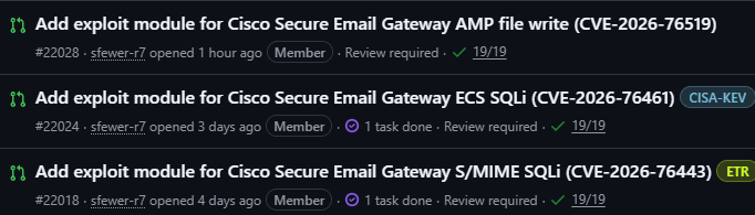 stephenfewer's tweet photo. Three new @metasploit exploit modules in the queue for several of the recent Cisco Secure Email Gateway vulns. Last weeks file write in AMP (CVE-2026-76519, on KEV), and two separate SQLi's (CVE-2026-76461, on KEV, and CVE-2026-76443) from last month:  https://t.co/RxKsH1kRXE https://t.co/DRwZxllrtr
