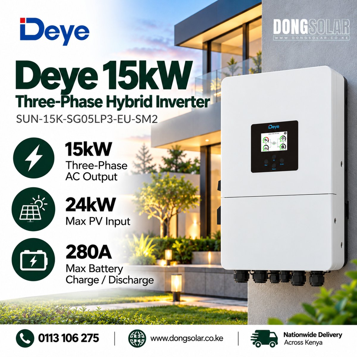 dong_solar's tweet photo. ⚡ Meet the Deye 15kW three-phase hybrid inverter.

Gives you: 
☀️ Up to 24kW PV input
🔋 40–60V batteries
⚡ 280A max charge/discharge
🔄 AC coupling
⛽ Generator support
🌧️ IP65

📞 0113 106 275
🌐 https://t.co/eydkS0RI45

#Deye #SolarKenya #EnergyStorage https://t.co/HnH9efpGOq