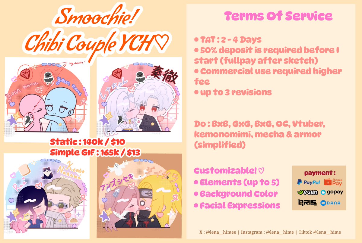 Lena__himee's tweet photo. Smoochie Chibi Couple YCH (⁠*⁠＾⁠3⁠＾⁠)⁠/⁠～⁠♡
[RTs &amp; likes are greatly appreciated!]

Open for local and international 🤍

💚 Order it via : 
VGen : https://t.co/PpJRSvf4Tw
CmsGG : https://t.co/idPUFLjcnu

#artidn #zonauang #commissionsopen https://t.co/4mUz0VH6cu