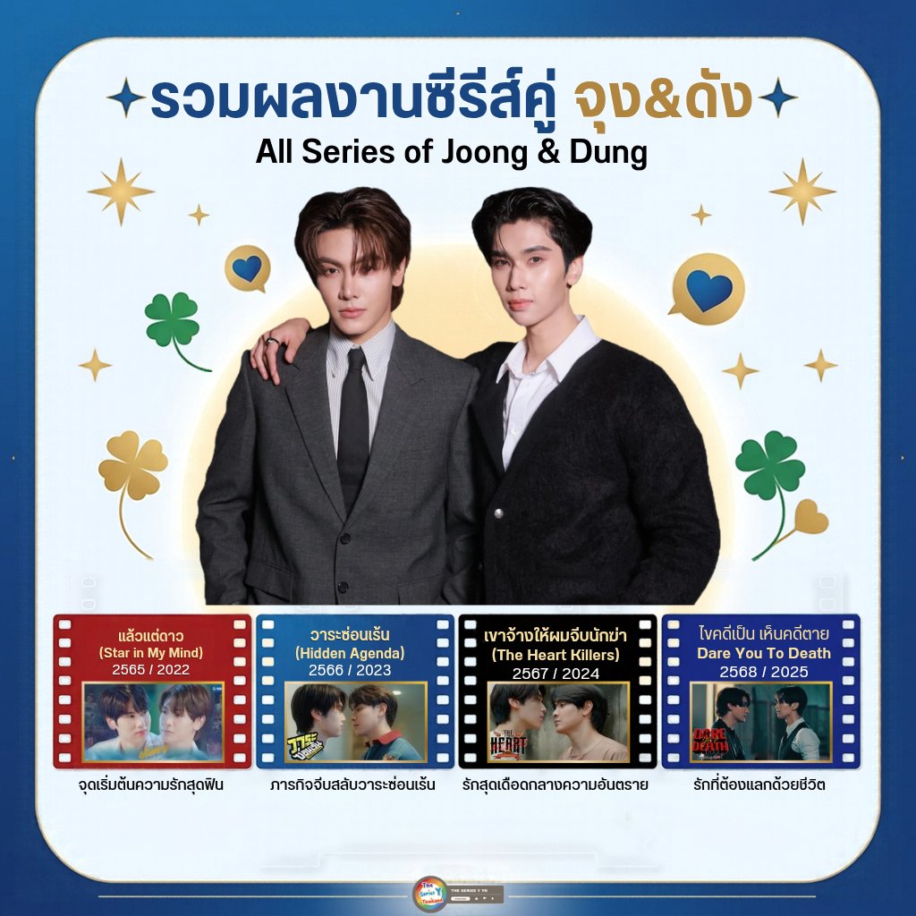 theseriesy_th's tweet photo. รวมผลงานซีรีส์ที่ "จุง" อาเชน ไอย์ดึน และ "ดัง" ณัฎฐ์ฐชัย บุญประเสริฐ แสดงคู่กัน

• แล้วแต่ดาว (Star In My Mind) - ปี 2565: ซีรีส์แจ้งเกิดของคู่นี้ โดยจุงรับบทเป็น "คาบคลื่น" และดังรับบทเป็น "ดาวเหนือ"

• วาระซ่อนเร้น (Hidden Agenda) - ปี 2566: ซีรีส์แนวโรแมนติกคอมเมดี้ในรั้วมหาวิทยาลัย จุงรับบทเป็น "โจก" และดังรับบทเป็น "โซ่"

• เขาจ้างให้ผมจีบนักฆ่า (The Heart Killers) - ปี 2567: การพลิกบทบาทครั้งสำคัญในซีรีส์แนวแอ็กชันคอมเมดี้โรแมนติก

• Dare You To Death ไขคดีเป็น เห็นคดีตาย - ปี 2568: ซีรีส์แนวสืบสวนสอบสวนสุดระทึก จุงรับบทเป็น "ผู้กองเจษ" และดังรับบทเป็น "สารวัตรคามิน"

#จุงดัง #JoongDunk 
#JoongArchen #dunknatachai