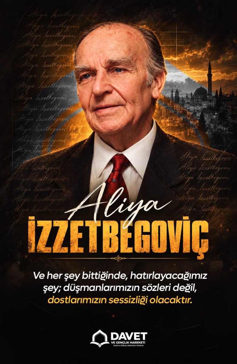 DavetveGenclik's tweet photo. "Ve her şey bittiğinde, hatırlayacağımız şey; düşmanlarımızın sözleri değil, dostlarımızın sessizliği olacaktır."

Sessiz kalan bir dünyaya karşı hakikatin ve özgürlüğün gür sesi olan "Bilge Kral" #Aliyaİzzetbegoviç’i vefatının yıl dönümünde rahmet, minnet ve dualarla anıyoruz. 🕊️