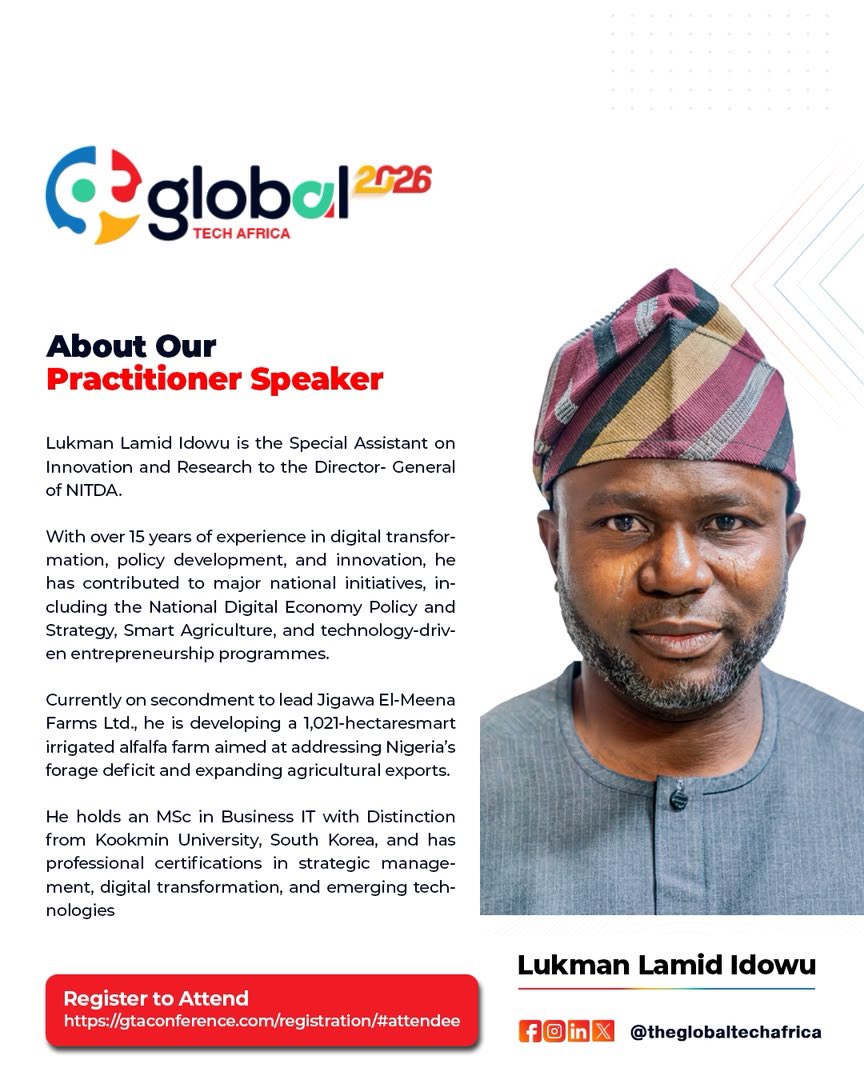 thegtafrica's tweet photo. How can smart technology transform African industry and make production more intelligent, efficient, and competitive?

Hear from Lukman Lamid Idowu, Special Assistant to the Director-General on Innovation & Research, NITDA, as he leads the session:

🎤 "Decision Lab: Smart Industry & Intelligent Production"

Join the conversation on how innovation, data-driven decision-making, and intelligent production systems can modernise Africa's industries, boost productivity, and unlock new opportunities for sustainable industrial growth across the continent at Global Tech Africa 2026.

📅 3rd–5th November 2026
🕘 9:00 AM – 5:00 PM daily
📍 Amani Event Center, Kano, Nigeria

🎟️ Be part of the conversation shaping Africa's future. Register now:
👉 https://t.co/C3QOrvs9Cm

Follow @theglobaltechafrica for more updates.

#GlobalTechAfrica2026 #GTA2026 #AfricaTech #SmartIndustry #Industrialisation #Innovation #DigitalTransformation #Technology #AcceleratingGrowth