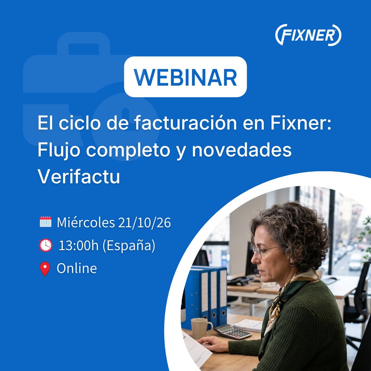 fixner_com's tweet photo. 📅 Este miércoles tenemos webinar sobre facturación!

A las 13:00h, veremos cómo gestionar con Fixner el ciclo completo: desde el presupuesto hasta la factura, los cobros y la tesorería.

También repasaremos las novedades de Verifactu

👉 Reserva tu plaza: https://t.co/GzgMuekwGX https://t.co/sf5DyupLlZ