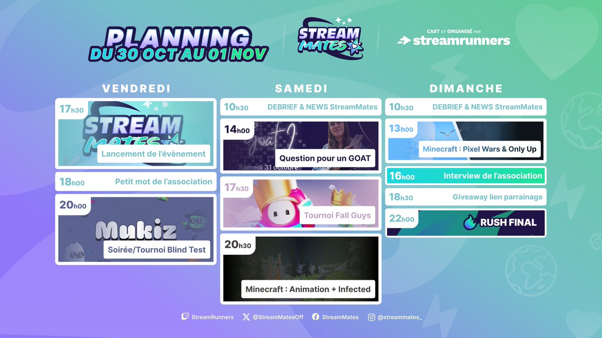 StreamMatesOff's tweet photo. 🎥 Le planning des lives est là !

✨ Un week-end rempli de jeux, interviews, FAQ, et surprises avec toute l’équipe ! 💜

📅 Du 30 oct au 1er nov, en direct.
🔔Ne manque rien : https://t.co/IY52081JHN

#StreamMates2026 #TwitchFR https://t.co/JakOwBQ7jR
