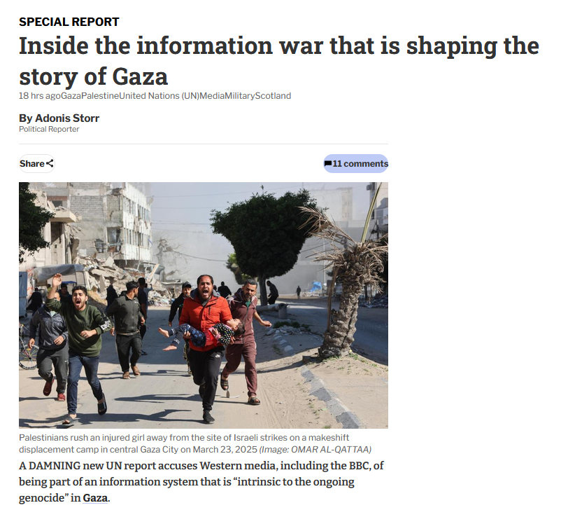 medialens's tweet photo. It's a complete mystery why @BBCNews appears to have blanked this UN report which is utterly damning of the BBC and Western media.

They have all 'facilitated genocide'. 

===

Albanese found that Western ­media “camouflaged” Israeli ­responsibility in headlines, with the BBC most ­criticised for this, having been found to do so in 83% of its headlines, ­according to media analysis.

The “striking example” provided in the report was of Hind Rajab.

Five-year-old Hind Rajab was killed alongside her family while attempting to flee Gaza City two years ago. The car they were in was found riddled with 335 bullet holes from rounds fired by Israeli military personnel.

The BBC headline still reads: “Hind Rajab,5, found dead in Gaza days ­after phone calls for help.”

https://t.co/MovMWuJ1DB

Report from @ScotNational