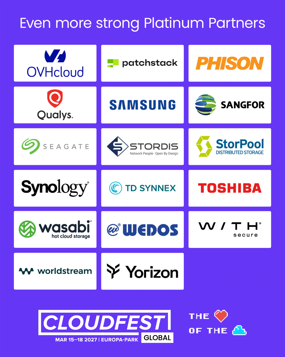 cloudfest's tweet photo. 🤝 Meet our first Platinum Partners for #CloudFest Global 2027!

35 companies. Four days. One cloud community.
📍 Europa-Park, Germany | March 15–18

Free Community Pass: 3W9JHQRU
https://t.co/TUDNb78m8A https://t.co/tsAntxNcVw