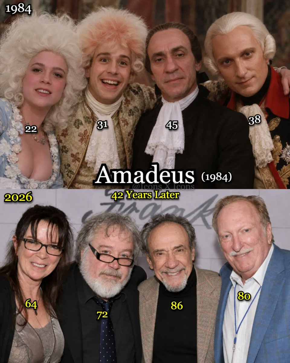 CasseCool's tweet photo. 『アマデウス』（1984年）のキャストのThen & Now

主要キャスト4人は全員US人。今ウィーンを舞台にした映画を撮ったら欧州の俳優が席巻する。

モーツァルト役のトム・ハリスは、撮影前ピアノを全く弾けなかった。

主役はあくまでサリエリで、イタリア人の「凡人作曲家」演じたF・マーレイ・エイブラハムは、オスカー主演男優賞を受賞。

コンスタンツェ（エリザベス・ベリッジ）はドラマに映りコメディで活躍。

皇帝ヨーゼフ2世（ジェフリー・ジョーンズ）は、2003性犯罪者登録を受け、保護観察処分を受けた。