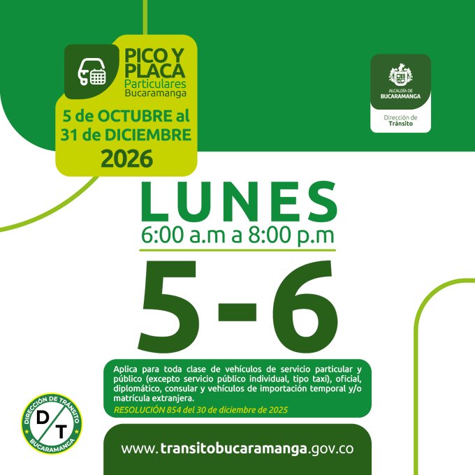 LAFMBucaramanga's tweet photo. 🚦 #PicoYPlaca | ¡Feliz inicio de semana, #Bucaramanga! 💛🌼
🚗🏍️ Hoy, lunes 19 de octubre, tienen restricción los vehículos particulares y las motocicletas cuyas placas terminen en 5️⃣ y 6️⃣.

⚠️ ¡Programe sus recorridos y evite sanciones! https://t.co/NtqwHcvR50