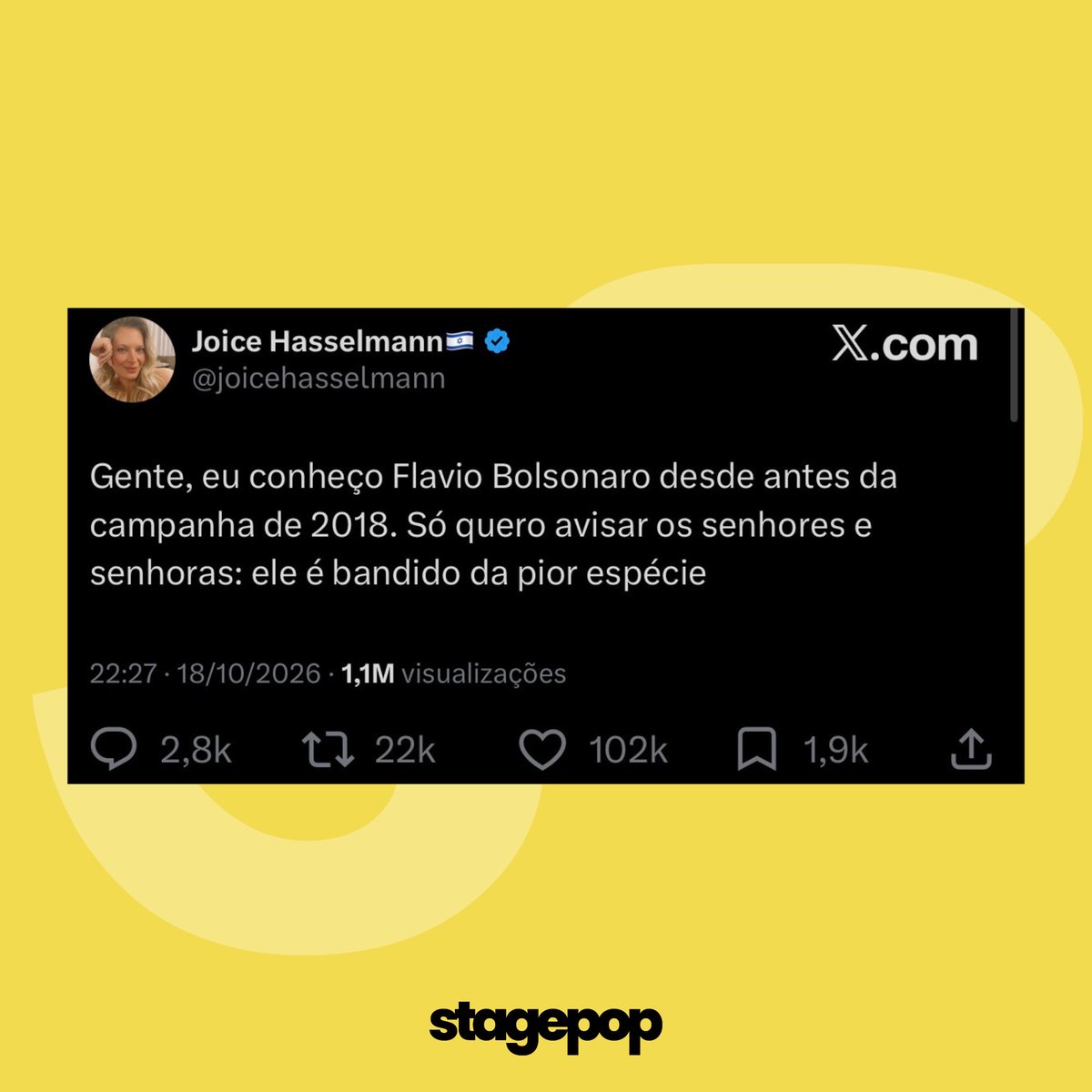 stagepopbr's tweet photo. 🚨 MEU DEUS? Joice Hasselmann, uma das figuras mais conhecidas da direita brasileira, autora do livro Delatores, sobre a Operação Lava Jato, e da biografia de Sergio Moro, apareceu para fazer graves acusações contra Flávio Bolsonaro, chegando a chamá-lo de “bandido da pior espécie”.