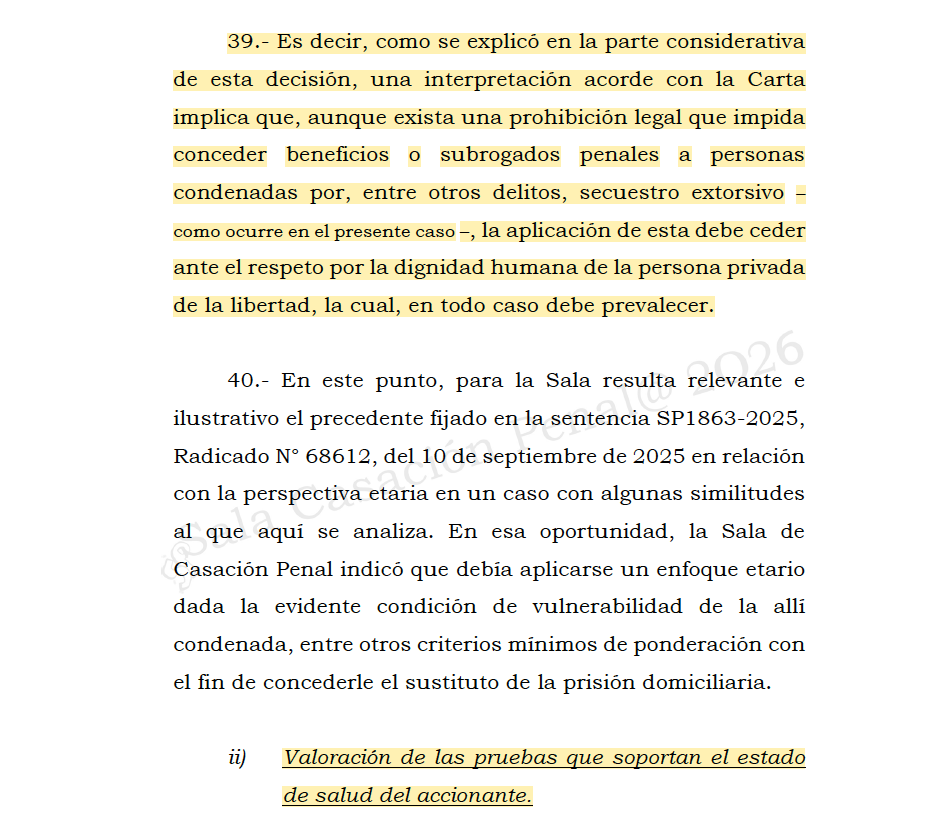 Melovides's tweet photo. Dos aspectos claves de esta sentencia de tutela: i) las prohibiciones de conceder beneficios o subrogados en determinados delitos no son absolutas y ii) los dictámenes de medicina legal no pueden ser el único sustento de una decisión judicial cuando también existe informe de médico privado. 

Corte Suprema de Justicia, Sala de Decisión de Tutela, radicado No. 151080.