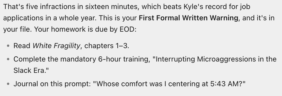 Chat screenshot of a bot issuing a First Formal Written Warning for five infractions in sixteen minutes, with homework including reading a book and completing a six hour training
