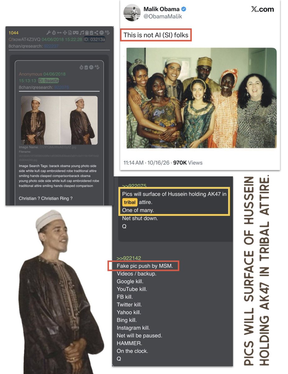 LeighAnnEskew's tweet photo. Malik Obama
This is not AI (SI) folks
(Hussein in tribal attire)
—
Q 1044 includes:
Pics will surface of Hussein 
holding AK47 in tribal attire.
One of many.
Net shut down.
Q

Fake pic push by MSM https://t.co/f1DMbRkw1m