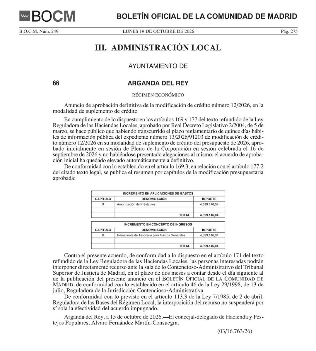 AlbertoEscri's tweet photo. 🙌🏼 El Boletín Oficial de la Comunidad de Madrid publica hoy lunes la amortización extraordinaria de la deuda de Arganda del Rey.

Se hará efectiva el 31 octubre y el resultado será el nivel de deuda más bajo de los últimos 15 años en nuestra ciudad.

¡Seguimos! https://t.co/HhQeVKsGB8
