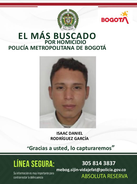 BluRadioCo's tweet photo. #Atención La Policía de Bogotá está buscando a Isaac Daniel Rodríguez García, señalado de ser uno de los hombres más buscados por homicidio en Bogotá. Según las autoridades, tiene orden de captura por su presunta participación en el asesinato de un empresario y su escolta, ocurrido en febrero de este año a las afueras de un gimnasio en Chapinero.

Asimismo, las autoridades ponen a disposición de la ciudadanía el cartel de otras personas señaladas y más buscadas por estos mismos delitos.
Las autoridades piden información que permita ubicarlo y capturarlo a través de la línea segura 305 814 3837 o del correo mebog.sijin-vidajefat@policia.gov.co. #VocesySonidos