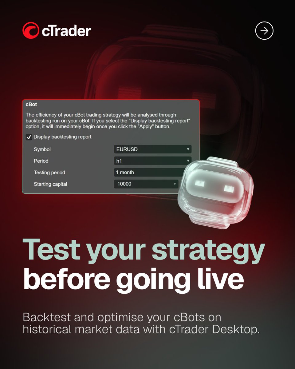 cTrader's tweet photo. 📊 How well do you really know your cBot?

With cTrader Algo on Windows and Mac, you can go beyond simply running automated strategies. Backtest your cBots, analyse their performance and fine-tune their parameters using historical market data.

⚙️ Here's what you can do:

— Backtest your strategy to see how it would have performed on historical market data, without risking real funds.
— Analyse trading results, including executed trades, equity and balance.
— Optimise your cBot by testing multiple parameter combinations against your chosen criteria.
— Explore how different settings perform across historical market conditions.

Research, test and refine your automated strategies in cTrader Windows or Mac.

Start trading with cTrader: https://t.co/ZTltFuGDQ1
