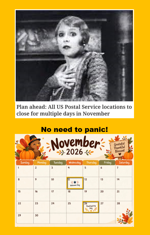 bennel62's tweet photo. No need to #panic. All @USPS locations will be closed on #VeteransDay and #ThanksgivingDay as they are every year. https://t.co/3fUgXLaAAn https://t.co/tMyer5rxwM