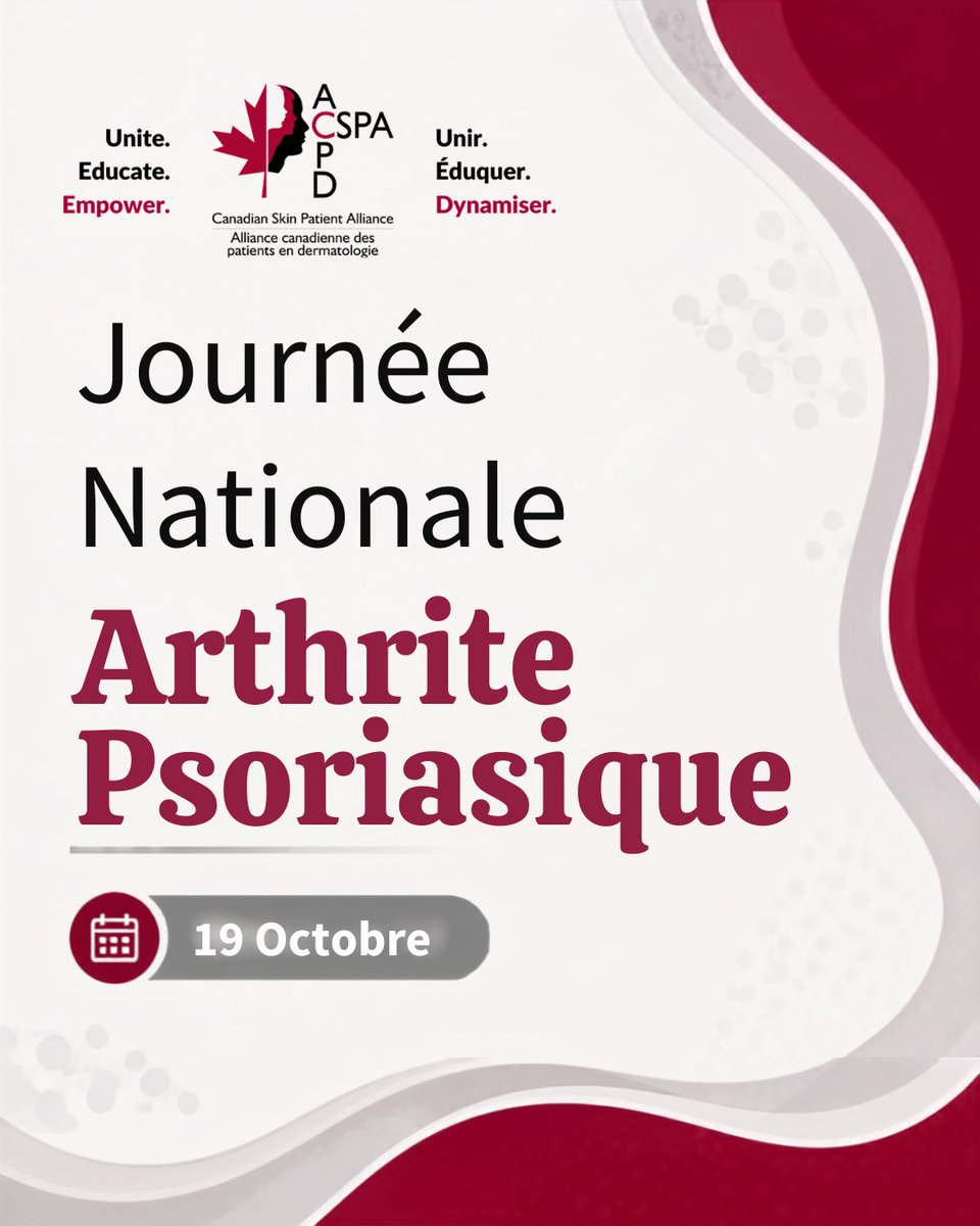 CanadianSkin's tweet photo. October 19 is National Psoriatic Arthritis Day, an inflammatory form of arthritis that can cause joint pain &amp; swelling, &amp; it can affect people living with psoriasis.  About 1/ 3 people with psoriasis will develop psoriatic arthritis. Learn more at https://t.co/3EMRNLo1Vm. https://t.co/TcAr1Mfkhy