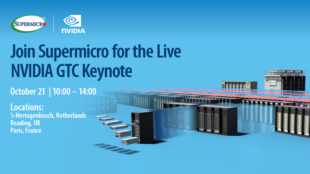 Supermicro's tweet photo. One keynote. Multiple teams. One exciting opportunity to connect. 🌍

On October 21, Supermicro colleagues across EMEA will tune in to @nvidia CEO @JensenHuang’s @NVIDIAGTC keynote livestream from Berlin.

From ’s-Hertogenbosch to Reading and Paris, we’re getting ready to explore NVIDIA’s latest AI innovations, exchange ideas, and connect with colleagues around the technologies shaping the future of AI infrastructure.

Join us and be part of the experience! Stay tuned for highlights from our teams.

Learn more: https://t.co/TGjiclAWXR

#Supermicro #NVIDIA #GTC #AIInfrastructure #AIInnovation #SupermicroLife #SupermicroTeams
