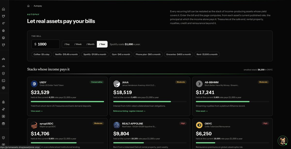 prismassets's tweet photo. Autopay is now live on Prism.

Type in any bill, like coffee, Netflix or rent. Autopay shows how much of each asset you would need to hold so the yield pays that bill for you.

prismassets(.)shop/autopay https://t.co/x1mzyASQzj