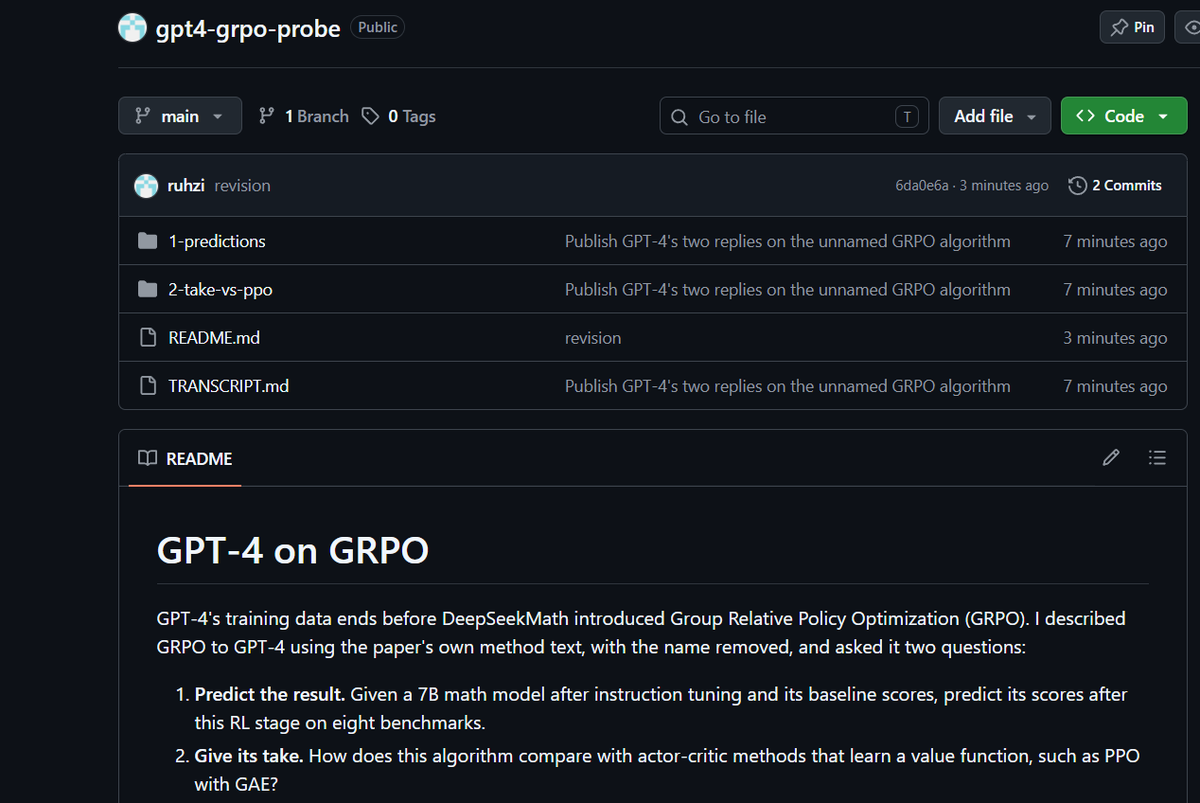 ruhzi57's tweet photo. Did GPT-4 have research foresight?

It's knowledge cutoff is sept 2021, which means it has no idea about GRPO introduced in feb 2024.

I asked it what it thought of the algorithm - 
https://t.co/hbNXzVxDnq https://t.co/E7hsZ85BNL