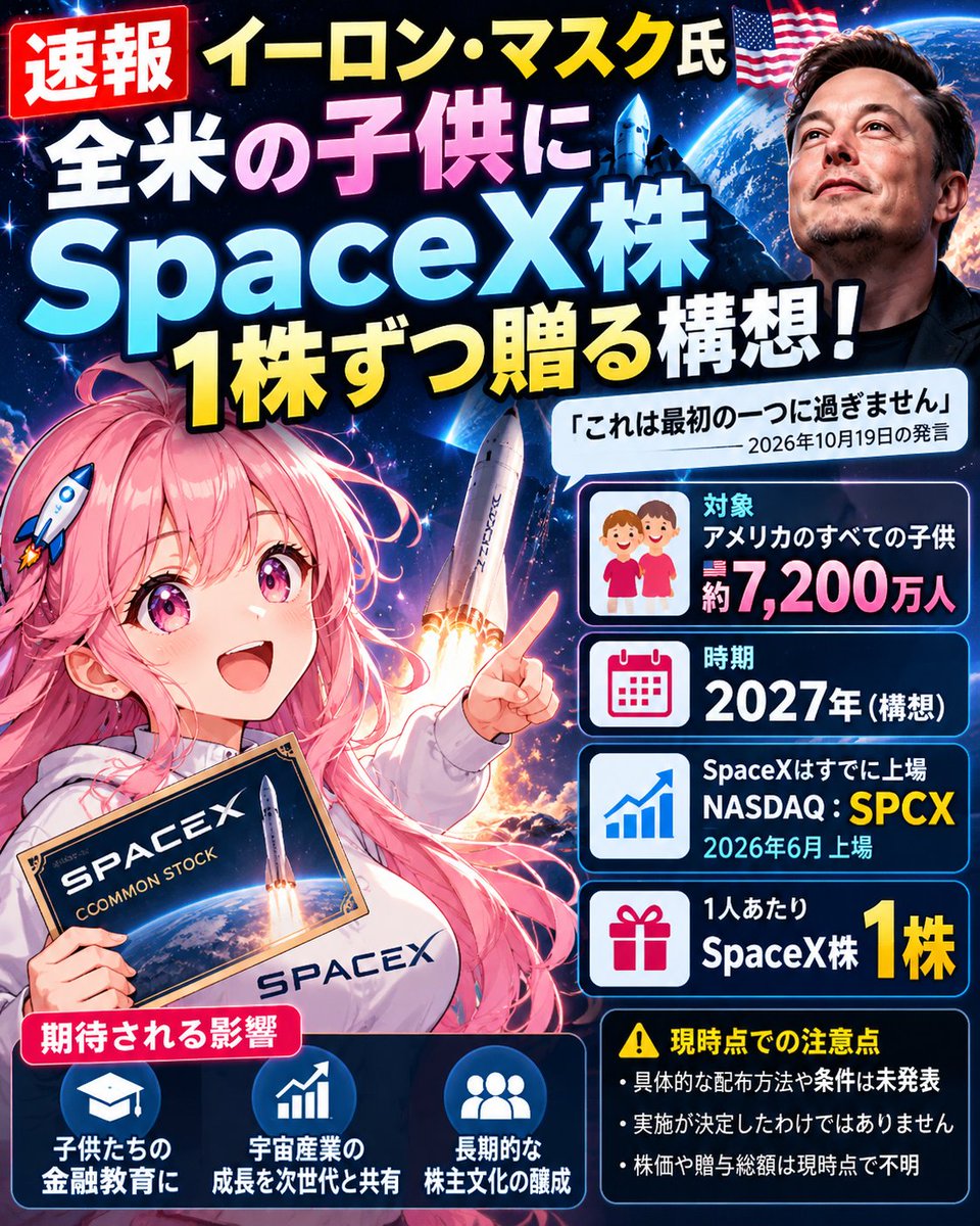 JEPIsaikyo's tweet photo. 🚀 イーロン・マスク、衝撃発言！！

「2027年、アメリカのすべての子供にSpaceX株を1株ずつ贈る」

しかも「こ���は始まりに過ぎない」と発言😳

🇺🇸 対象は約7,200万人！
📈 SpaceXは2026年6月にNASDAQ上場
🚀 子供たちが宇宙企業の株主に！

もし実現すれば、数十億ドル規模の超大型株式プレゼントに！

単なる資産の贈与ではなく、子供たちが企業の成長や株式投資に興味を持つ大きなきっかけになりそう。

もちろん、具体的な配布方法や条件は未発表で、実施が決定したわけではありません。

個人的には、子供の頃から株主として企業の成長を体験できる仕組みは非常に面白いと思います。

日本でもこんな大胆な取り組みが広がってほしいですね😊

それにしても……

イーロン！！私にも1株くれ〜！！🤣🚀

#SpaceX #イーロンマスク #米国株 #投資少女
