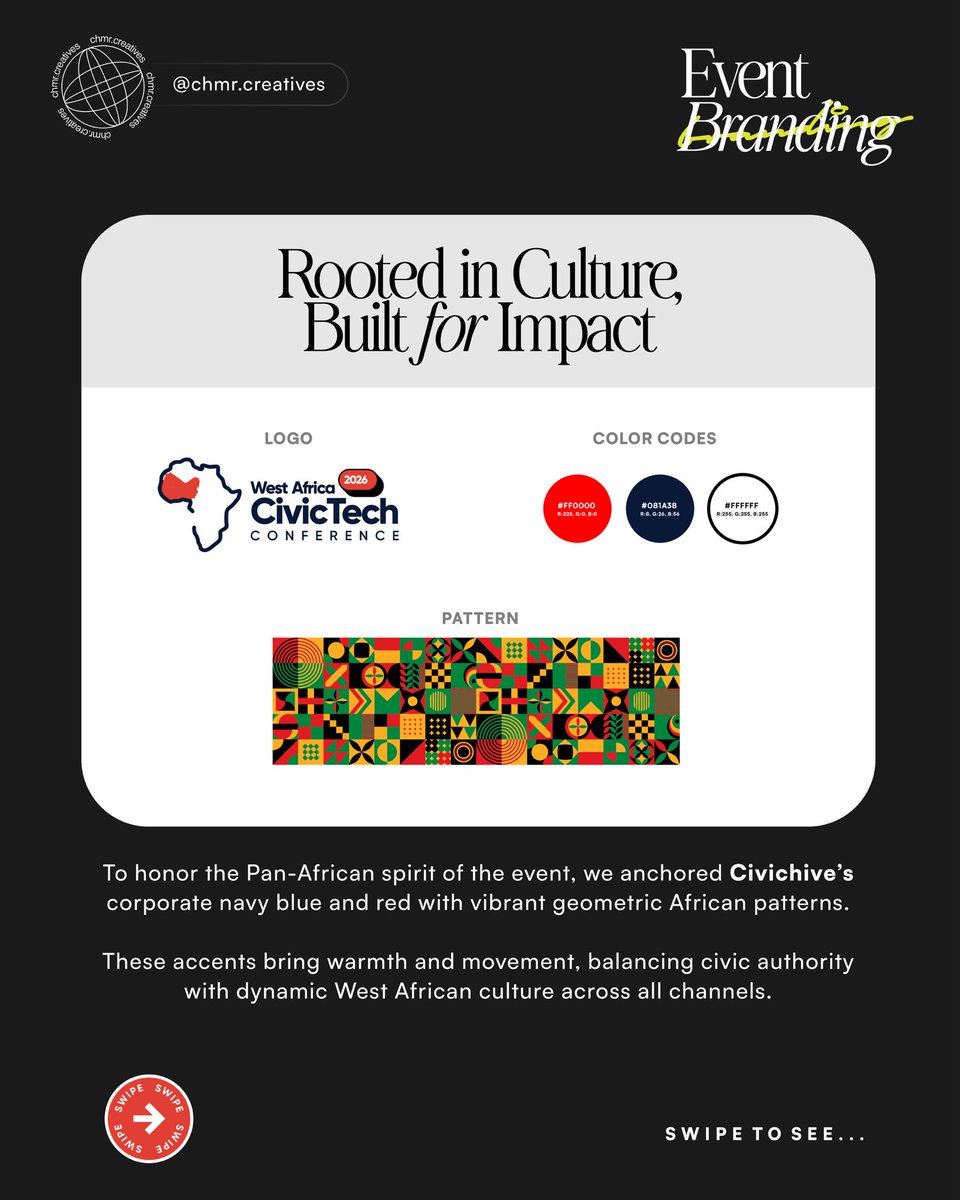 Iamcheemar's tweet photo. Designed the visual identity for the West Africa Civic Tech Conference!

Blending @Civichive’s corporate navy and red with vibrant geometric patterns, we created a cohesive visual system featuring 50+ custom assets, from digital postage stamp speaker cards to dynamic  motion grfx https://t.co/RDxQLgoMLG