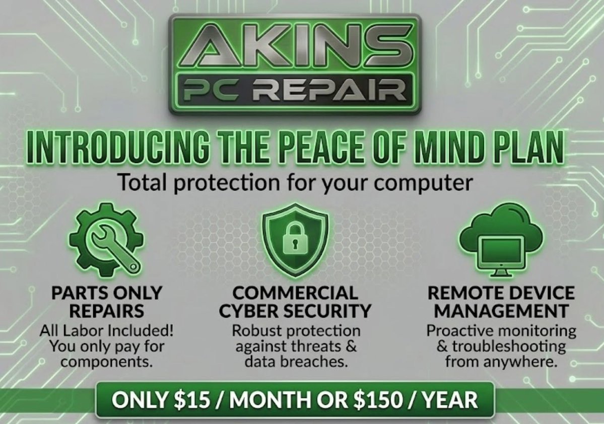Akinspcrepair's tweet photo. Unlimited repair labor, ESET antivirus and remote support for $15/mo per device. That's our Peace of Mind Plan. Call (816) 518-7868 or stop by 410 Main St, Belton. #BeltonMO https://t.co/ibewN91ZxH