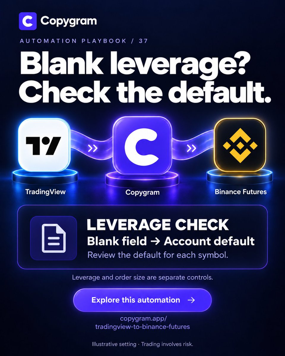 Copygram_App's tweet photo. Blank leverage in Copygram? For TradingView → Binance Futures, that uses the account’s default for the symbol. Review leverage and order size separately before activation.
Explore: https://t.co/xg6RKhtC6f
#TradingAutomation https://t.co/jV31IAhLQW
