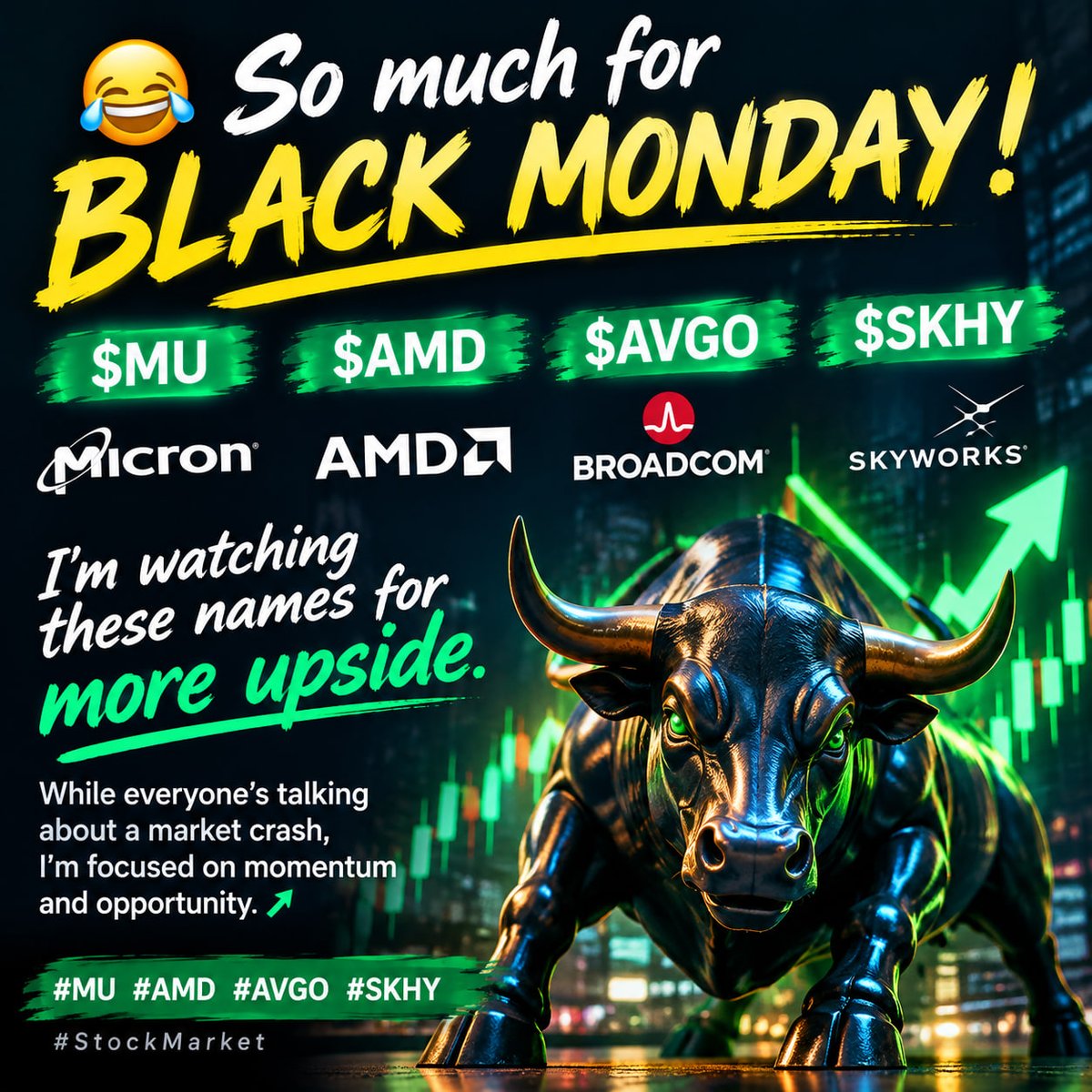 PatrickPielrfa's tweet photo. 😂 So much for “Black Monday”! $MU  $AMD $AVGO $SKHY — I’m watching these names for more upside. While everyone’s talking about a market crash, I’m focused on momentum and opportunity. 📈🔥

#MU #AMD #AVGO #SKHY #StockMarket https://t.co/eFa2zlxUY8