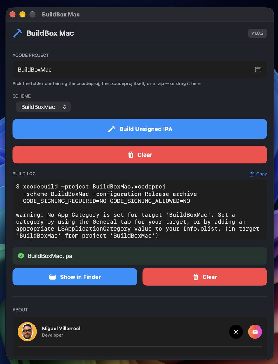 MikeBuildsApp's tweet photo. I built a Mac app that turns any Xcode project into an unsigned IPA with one click — no terminal needed. Free, open source. Grab the DMG: https://t.co/KReqmuaHHz https://t.co/nncAPXSuSr