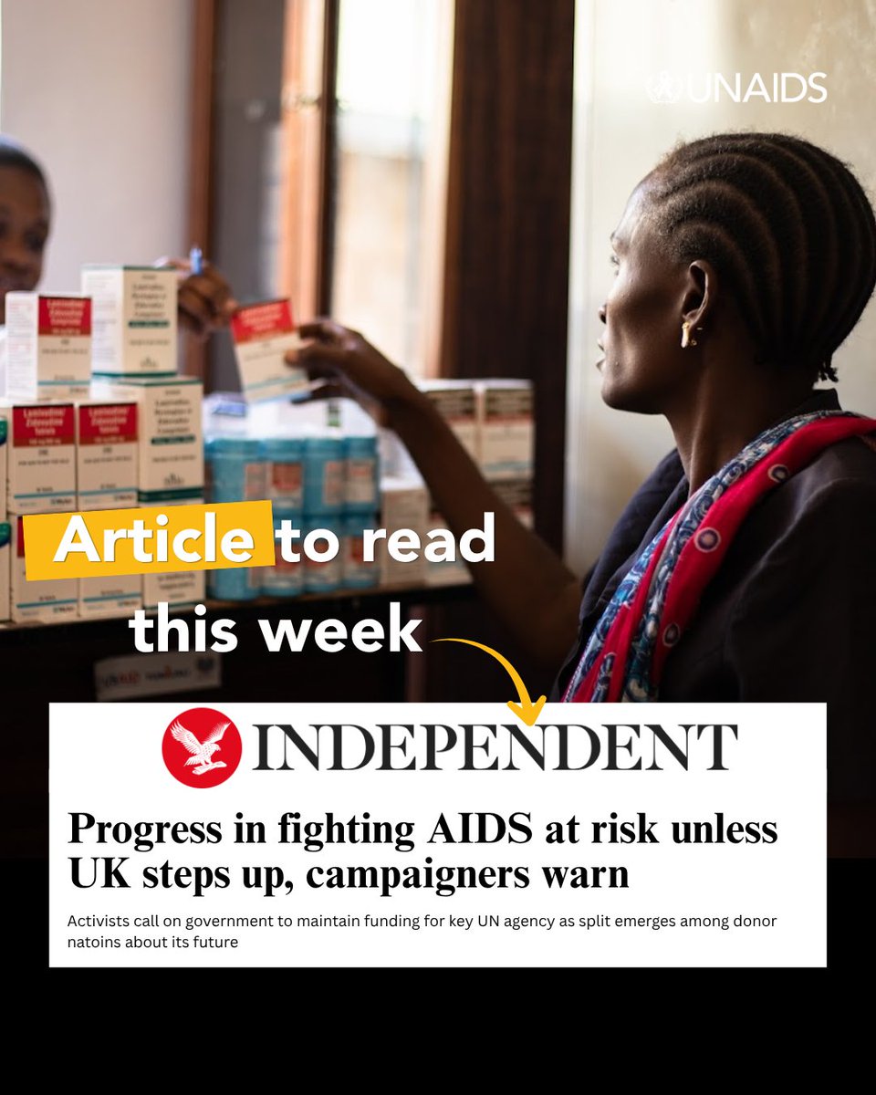 UNAIDS's tweet photo. 📰Article to read this week:
Activists are calling on continued funding for UNAIDS to protect hard-won progress against HIV.

In 2025, 41 million people were living with HIV, 1.2 million people acquired HIV and 570,000 people died from AIDS-related illnesses. Meanwhile, funding for HIV responses is at the lowest level in nearly two decades.

As UNAIDS transforms, sustained support is vital to protect progress, uphold human rights and keep communities at the heart of the response.

Read the full article: https://t.co/vpPE4C3wMv @Independent