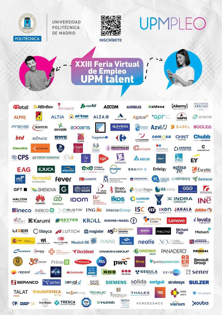 La_UPM's tweet photo. 🤝¡Más de 200 empresas mostrarán sus ofertas de trabajo en la XXIII Feria Virtual de Empleo UPM!
Regístrate ya y sube tu CV ⬆️ ¡Sorteamos 4 smartwatches entre los estudiantes que participen en el evento!
🗓️Del 21 al 23 de octubre
🔗https://t.co/THkzSuKohg
#somosUPM @UPMPLEO https://t.co/gWZrlnfUy5