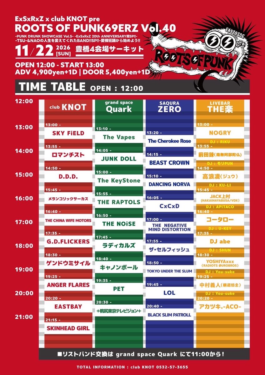 BotwinSkinhead's tweet photo. 11.22.sun.豊橋club KNOT

⏰timetable⏰

豊橋4会場サーキット
club KNOT / grand space  Quark / THE楽 / SAQURA ZERO 

ExSxRxZ x club KNOT pre
"ROOTS OF PUNK69ERZ Vol.40"

OPEN.12:00/START.13:00
ADV.¥4900/DOOR.¥5400
(+1d)

🎫ticket
skinheadgirl0401@gmail.com https://t.co/T7RTQCX6Go