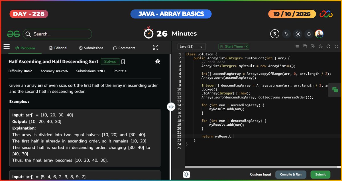 mehdiali_mk's tweet photo. Day 226 of #365DaysOfCode in Java! ☕️
Focus: Two-pointer merges & reverse traversals.
Takeaway: If an array is already sorted, scan backwards to find the "last" duplicate instantly instead of scanning forward.
Q: Custom two-pointers or TreeSet for merging? 👇
#Java #DSA https://t.co/r6slNp0lYI